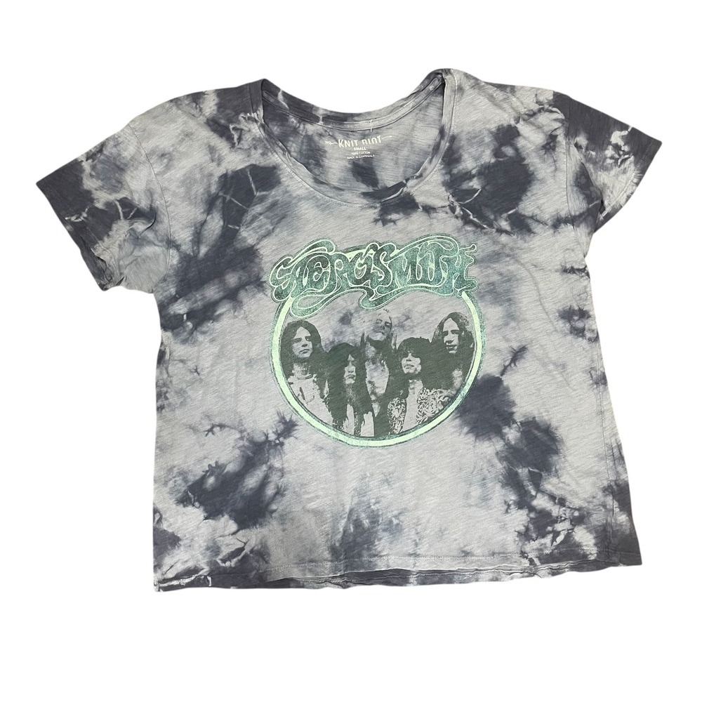 Knit Riot Aerosmith Graphic Tie Dye T-Shirt Womens Small Grey Black Rock Band T